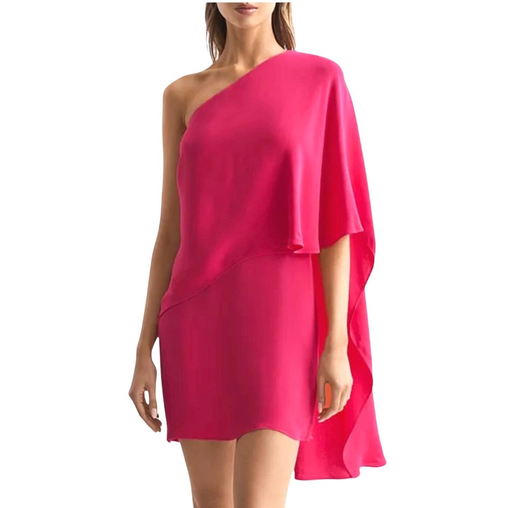 Reiss Cape Dress Blake Short Bright Pink One Shoulder Mini US 10 NEW